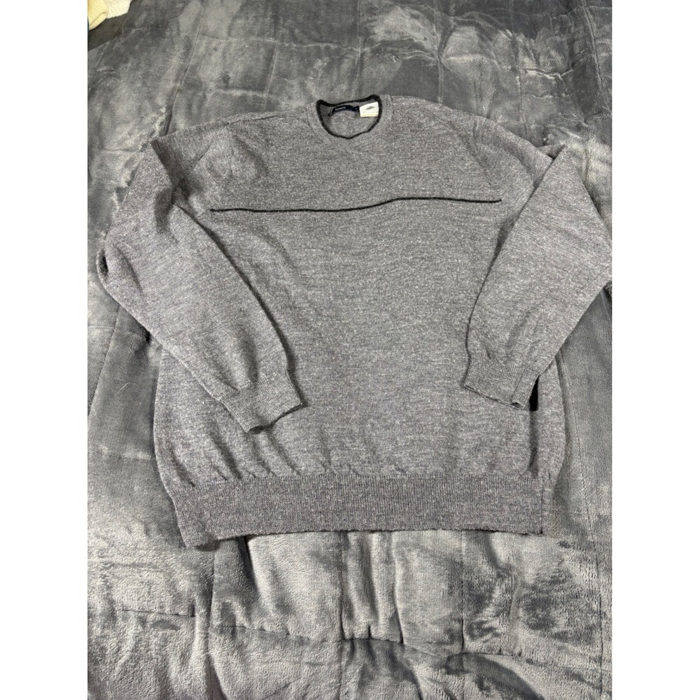 Bossini Mens Large 100% Pure‎ Merino Wool Crewneck Sweater Grey Striped Woolmark